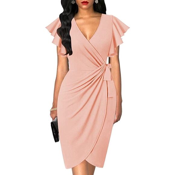 oten Dresses & Skirts - oten size small V Neck Ruffle Sleeve Sheath Casual Cocktail Party Work Faux Wrap